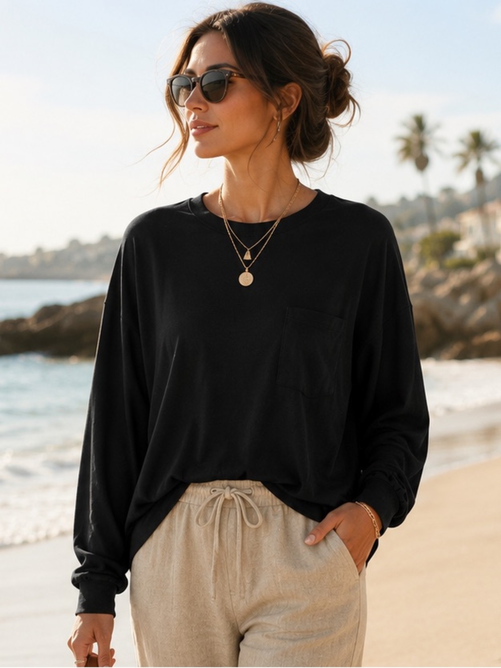 Nordstrom Closet Staple Black Oversized Buttery Soft Tunic Top Long Sleeve, Med